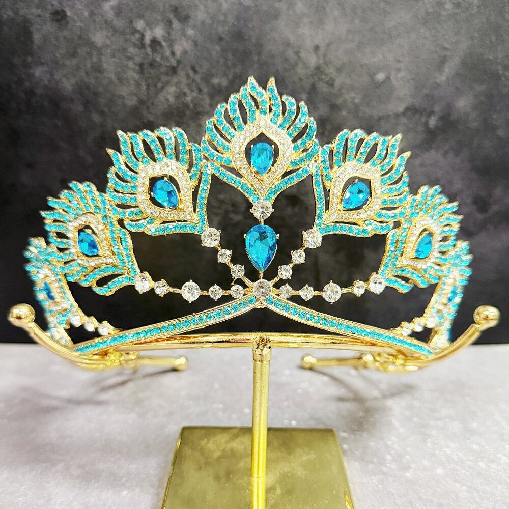 Gold Crystal Crown, Peacock Crown, Blue Crystal Tiara, Homecoming Prom Headpiece